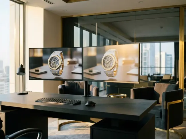 Dual 4K monitors displaying photorealistic 3D rendered luxury watch with golden reflections in modern office with floor-to-ceiling windows