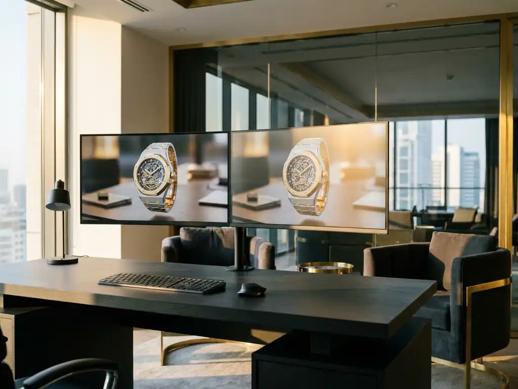 Dual 4K monitors displaying photorealistic 3D rendered luxury watch with golden reflections in modern office with floor-to-ceiling windows