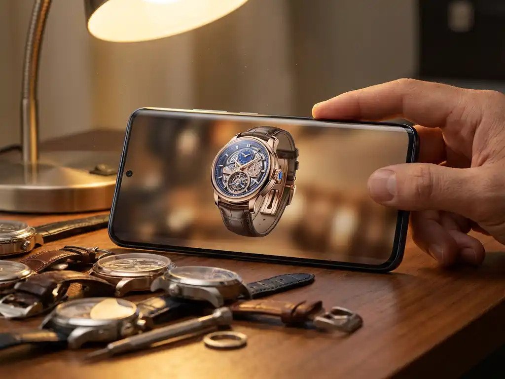 Smartphone displaying 3D rendered luxury watch above desk with scattered physical watch prototypes and sample cases in warm studio lighting