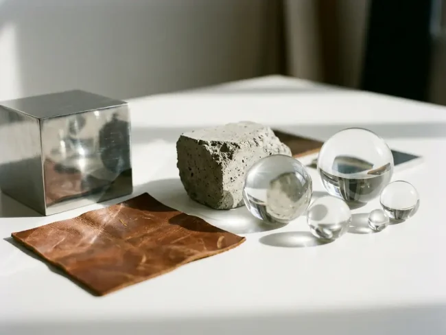 Material samples including polished metal, worn leather, rough concrete, and smooth glass spheres arranged on white studio table with dramatic lighting and shadows.