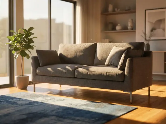 Modern sofa in bright contemporary living room with hardwood floors and natural sunlight streaming through large windows