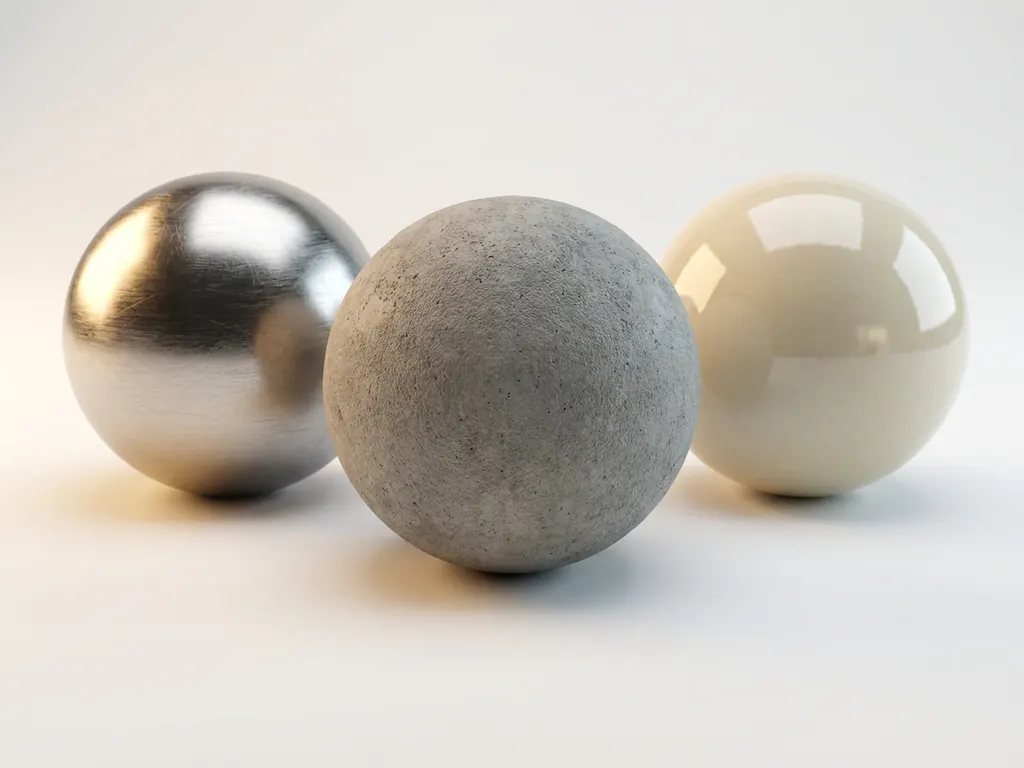 Material spheres displaying brushed metal, concrete, and ceramic PBR textures with varying reflections under studio lighting
