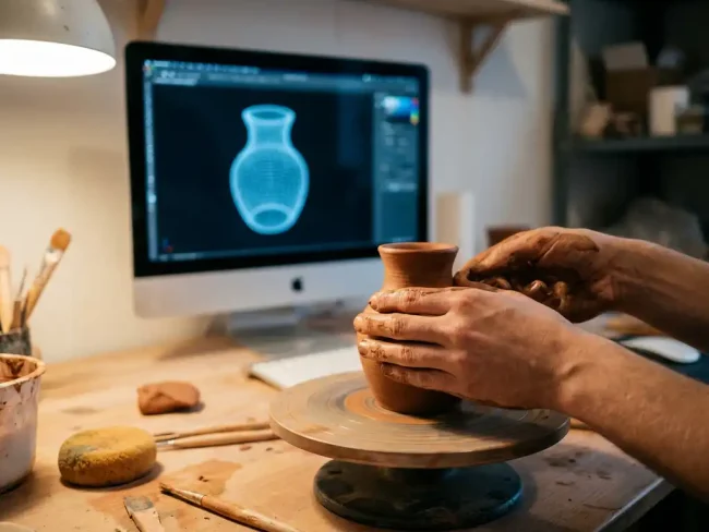 Beginner's hands shaping clay vase on pottery wheel with 3D wireframe model displayed on computer monitor in background