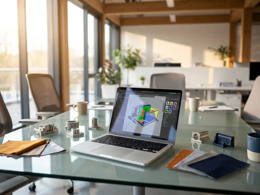 Laptop displaying 3D product configurator interface on glass conference table with color swatches and product samples in modern office