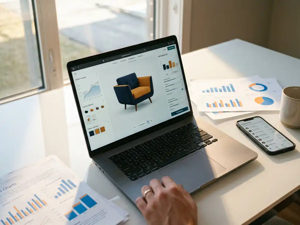 Modern laptop displaying 3D product configurator interface on white desk with sales charts, smartphone showing customer data, and natural window lighting