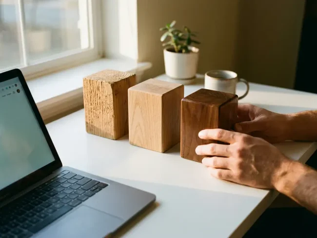 Three wooden building blocks of increasing height with rough pine, smooth oak, and polished walnut textures on a clean desk with laptop and golden hour lighting.