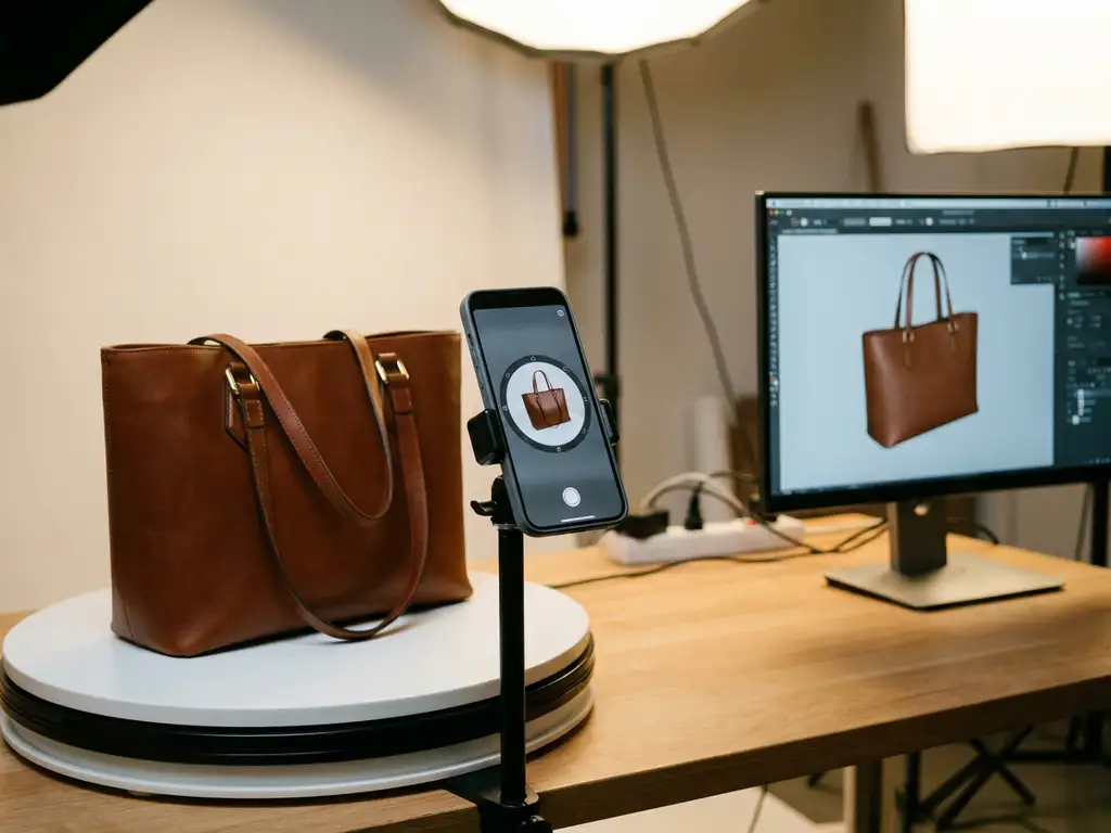 Smartphone capturing 360-degree photo of leather handbag on white turntable beside computer monitor displaying 3D model