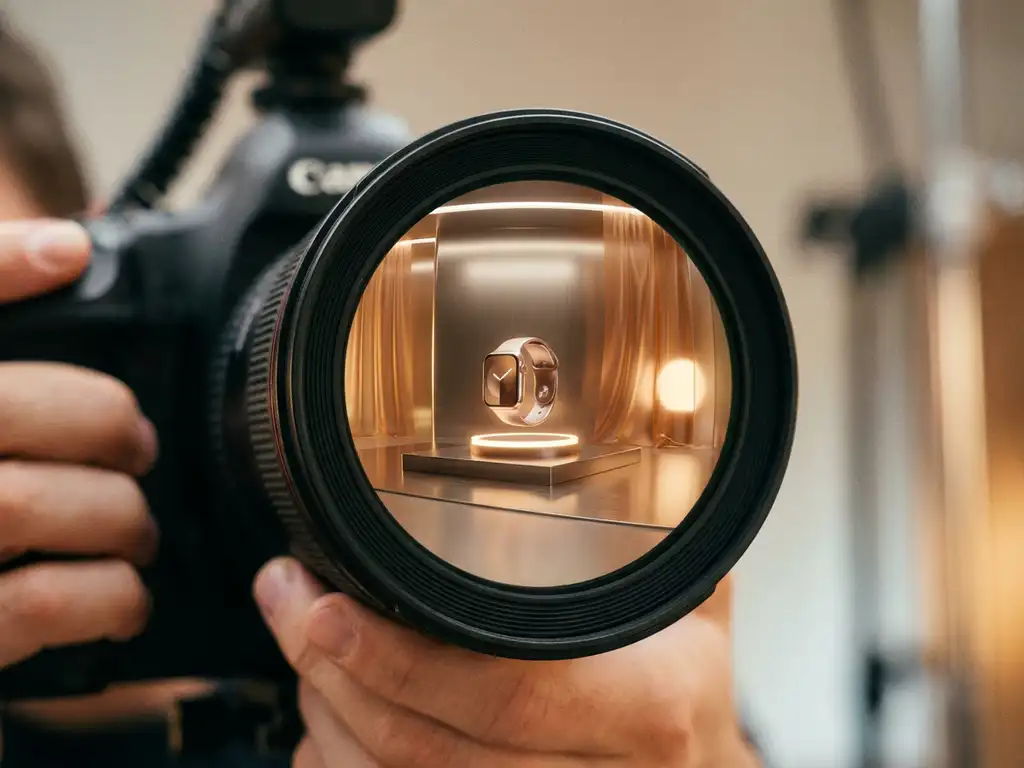 Professional camera lens reflecting 3D product model in modern workspace with floating fabric textures and metallic surfaces