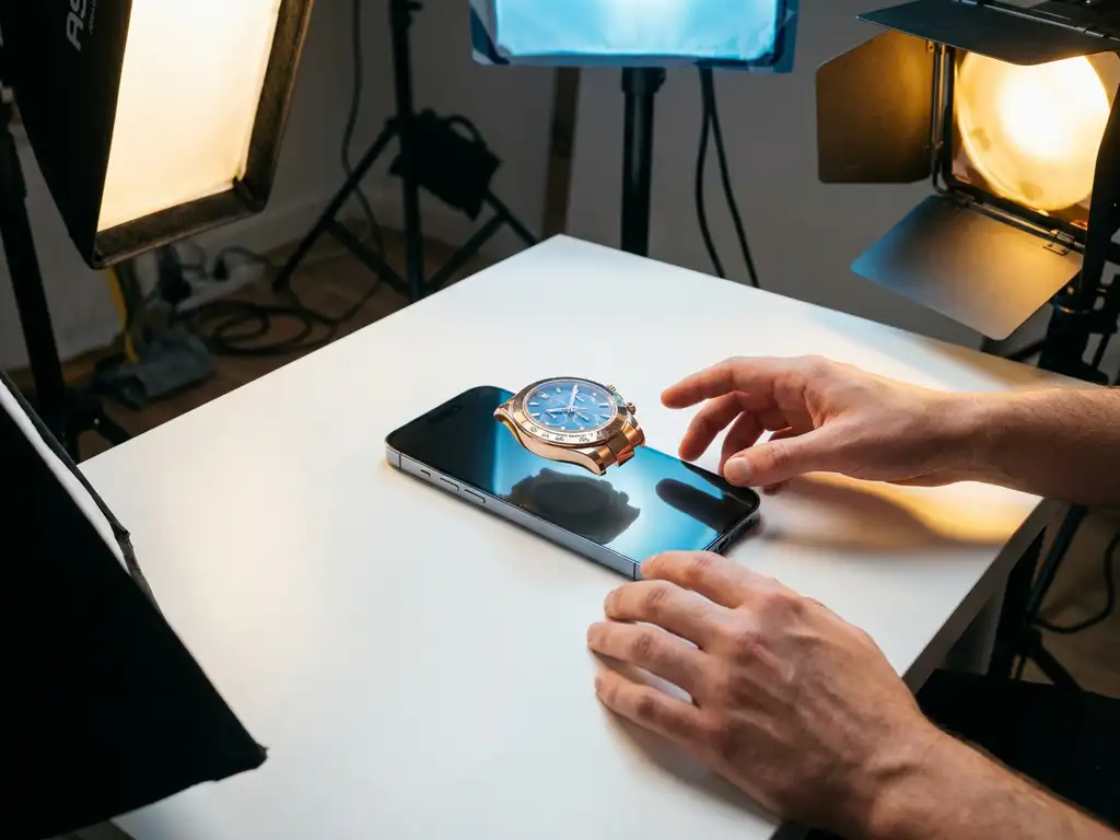 Smartphone displaying 3D rendered luxury watch hologram above screen with hands reaching toward device on white desk under studio lighting