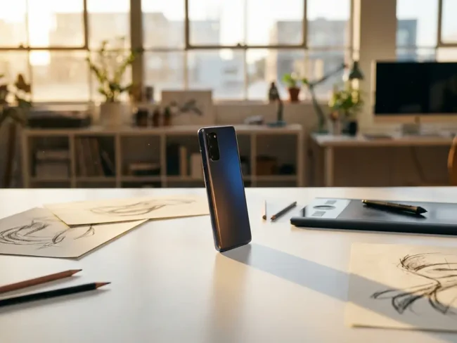 3D rendered smartphone floating above designer workspace with concept sketches, graphics tablet, and warm golden hour lighting through windows