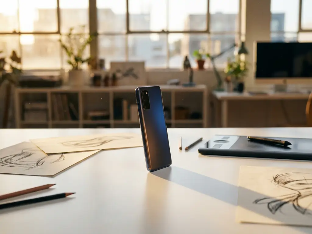 3D rendered smartphone floating above designer workspace with concept sketches, graphics tablet, and warm golden hour lighting through windows
