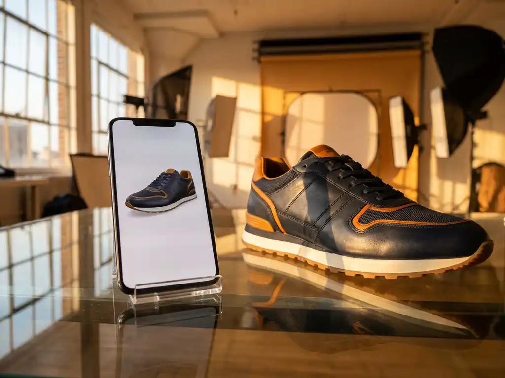 Smartphone displaying 3D rotating sneaker beside matching physical shoe on glass desk with golden hour lighting and soft shadows