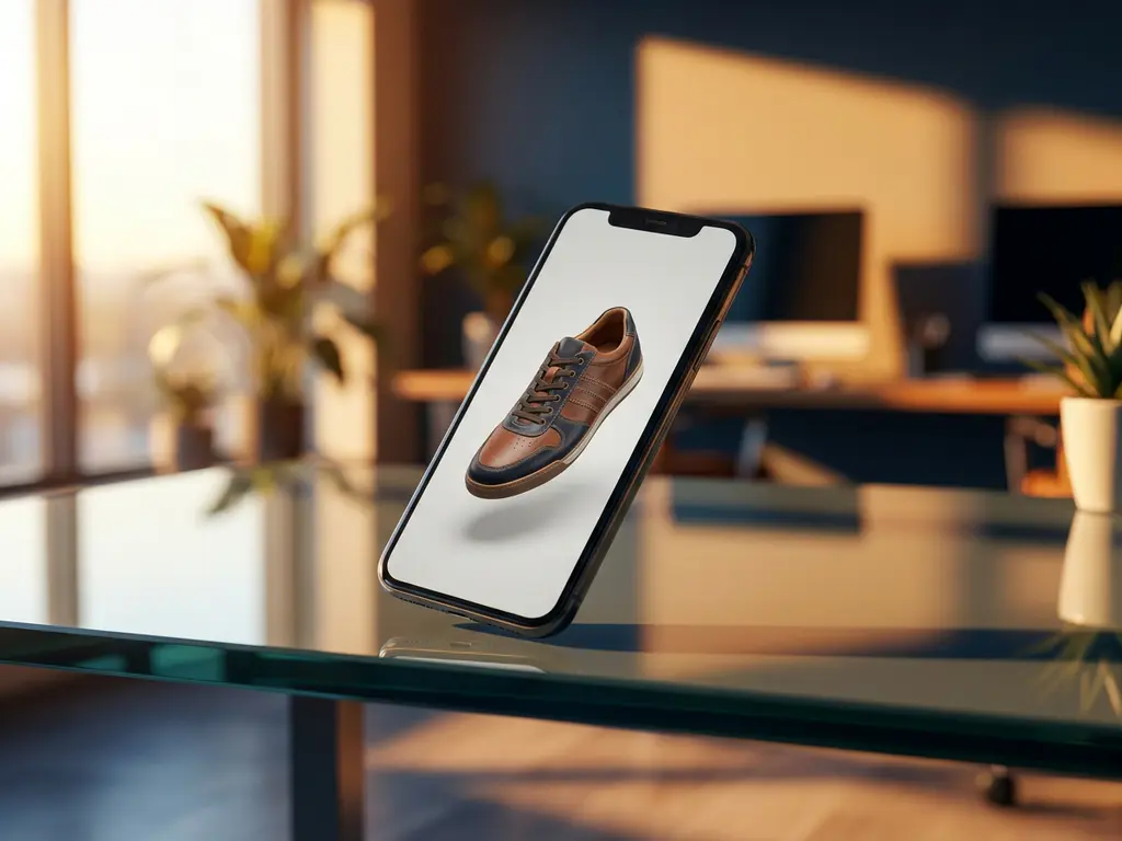Smartphone displaying 3D sneaker model floating above glass desk with warm office lighting and golden hour ambiance