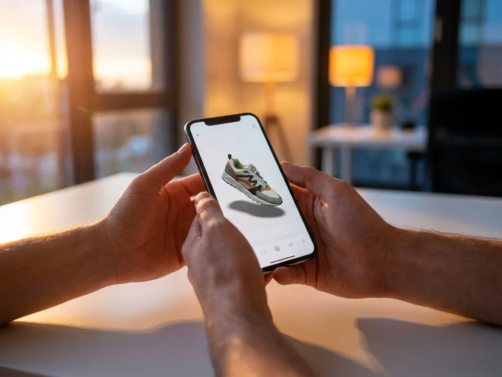 Hands holding smartphone displaying rotating 3D sneaker model with realistic shadows on screen, warm golden light streaming through window
