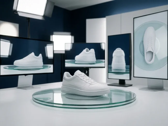 White 3D sneaker model on glass turntable surrounded by monitors displaying multiple shoe angles in minimalist studio