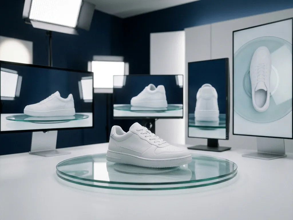 White 3D sneaker model on glass turntable surrounded by monitors displaying multiple shoe angles in minimalist studio