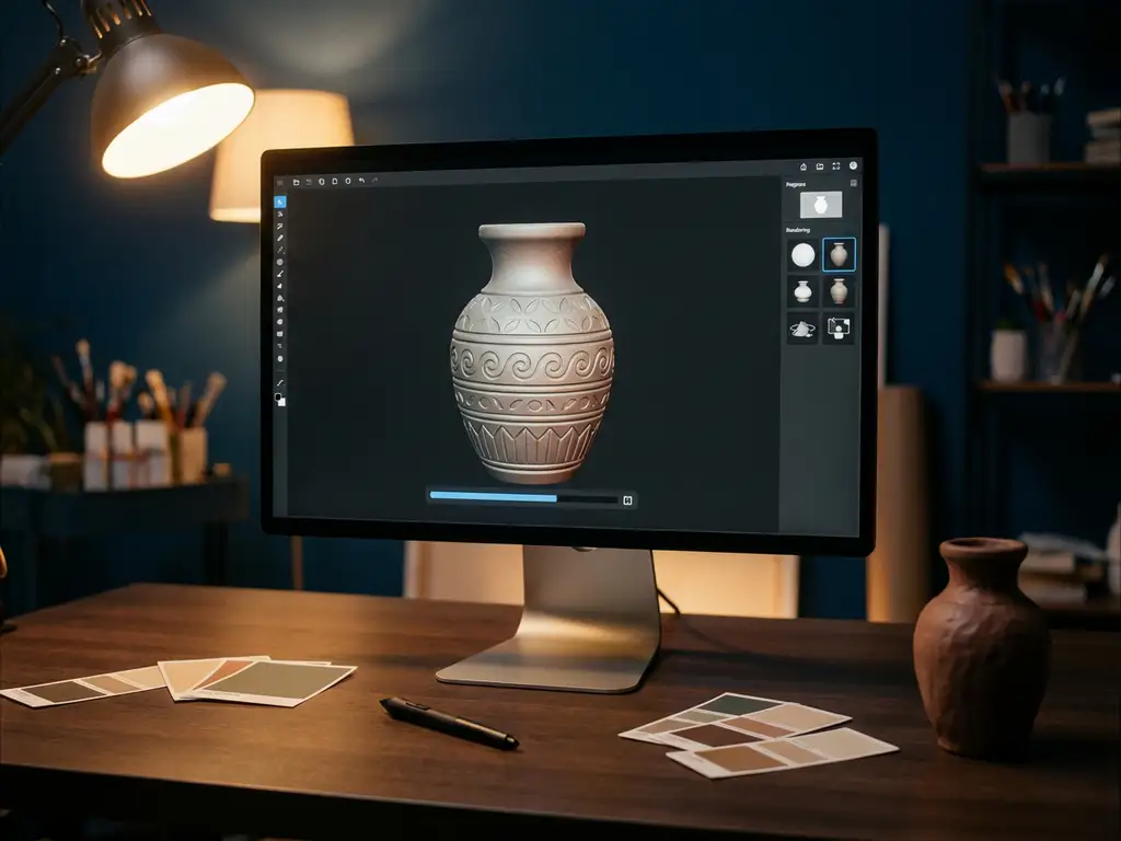 Computer monitor displaying a 3D-rendered ceramic vase, surrounded by a stylus, color swatches, and clay model on a modern studio desk.