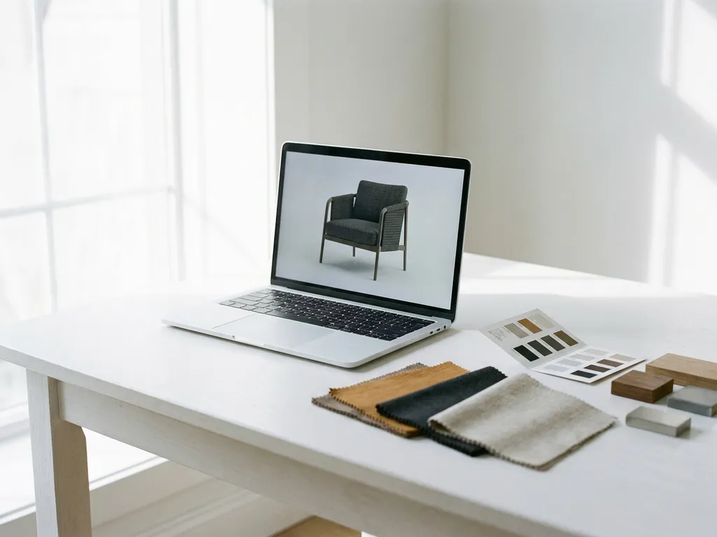 Laptop displaying a 3D rendered chair with fabric swatches, color palette card, and material samples on a white desk in soft studio lighting.
