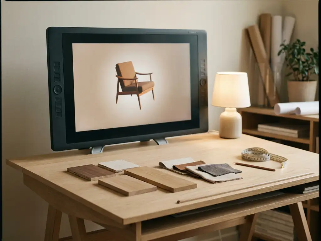 Drafting desk with a 3D furniture model on a professional monitor, surrounded by wood swatches and a tape measure in warm studio light.