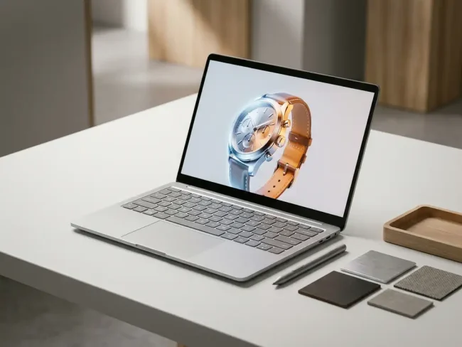 Laptop on a white desk displaying a 3D product configurator with a half-configured luxury model, surrounded by material swatches and a stylus.