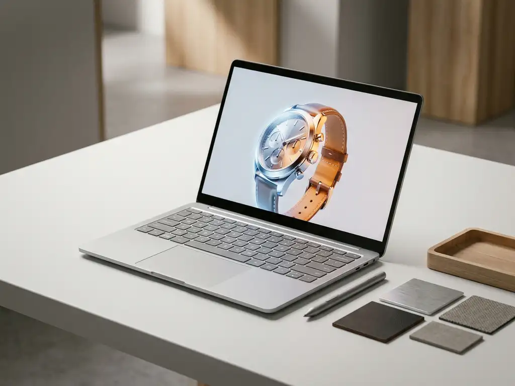 Laptop on a white desk displaying a 3D product configurator with a half-configured luxury model, surrounded by material swatches and a stylus.