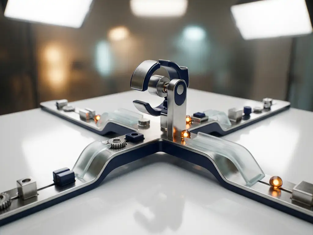 3D product configurator rendered as a chrome decision tree, branching pathways assembling modular components on a white surface in silver, navy, and amber tones.