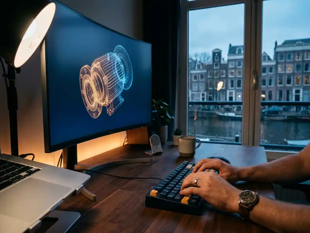 Computer engineer typing on a mechanical keyboard beside a curved ultrawide monitor displaying a glowing 3D product wireframe model in an Amsterdam studio.