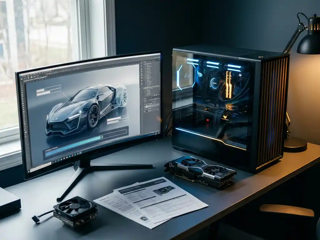 High-end desktop workstation rendering a photorealistic 3D scene, surrounded by GPU card and spec sheets on a modern desk with blue and amber lighting.