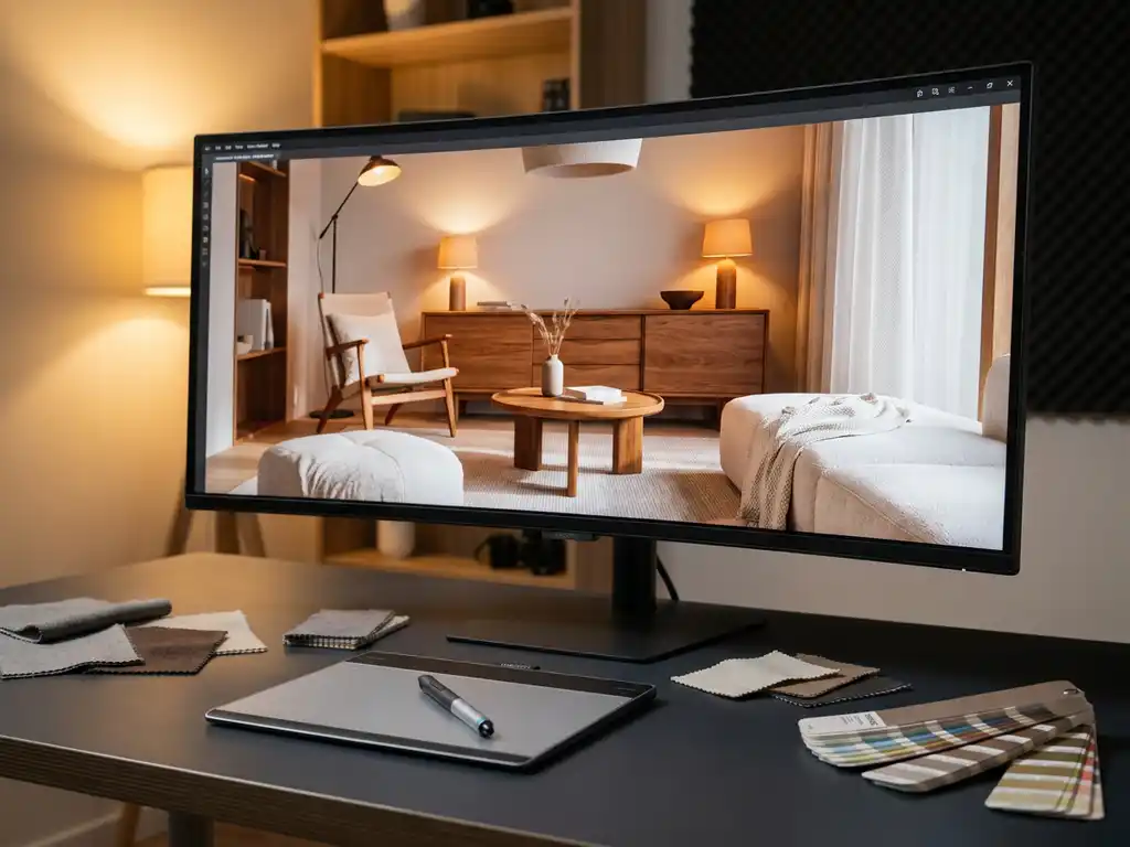 3D rendering workstation with CGI interior scene on monitor, surrounded by material swatches, color chips, and stylus on graphics tablet.