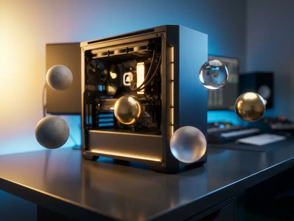 Studio rendering workstation on a dark desk surrounded by floating material sample spheres in matte, metallic, glass, and translucent finishes under warm amber and cool blue lighting.