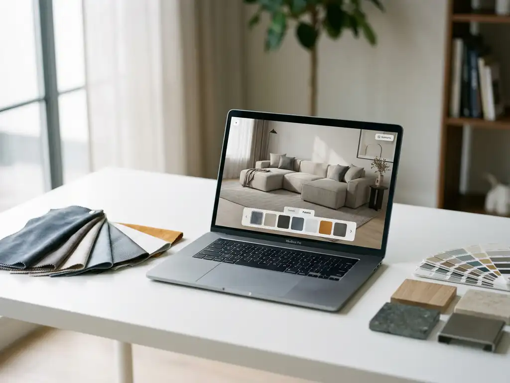 Laptop showing a photorealistic 3D rendered sofa with fabric swatches, color palette card, and material samples on a sunlit white desk.