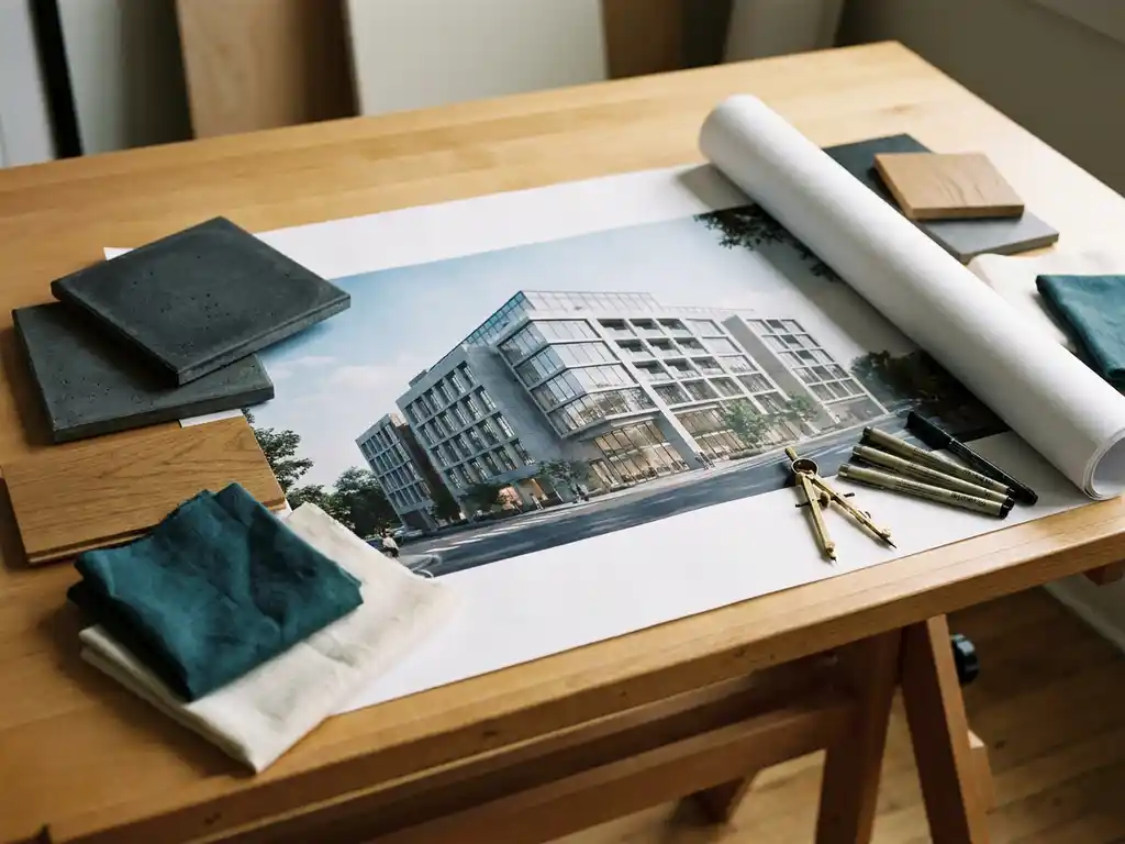 Architect's drafting table with a photorealistic building rendering surrounded by wood, concrete, and fabric material samples, compass, and fine-liner pens in warm studio light.