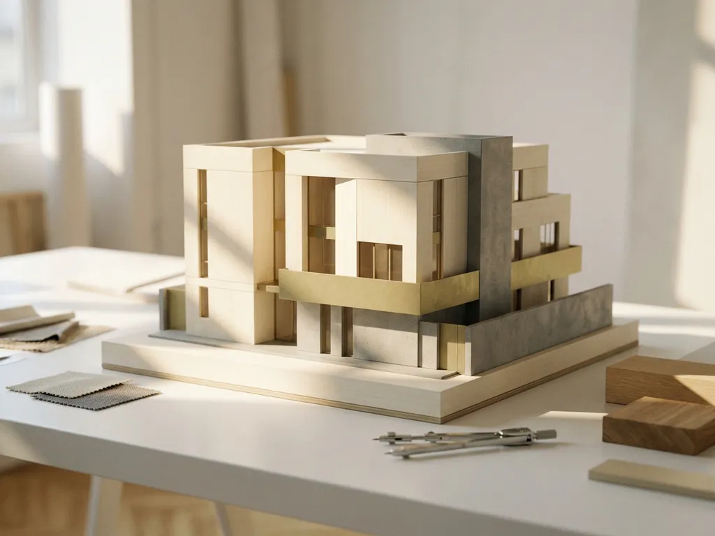 Architectural scale model of a modern building on a white studio desk with material swatches and drafting compass in warm studio light.