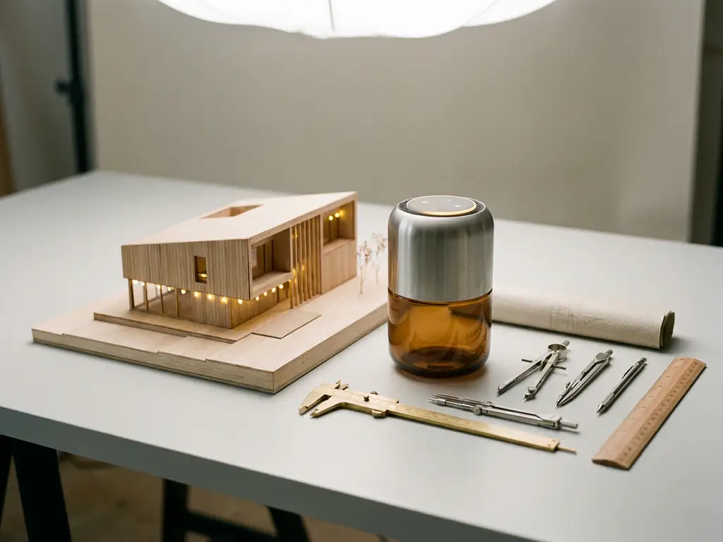 Architectural scale model beside a photorealistic product prototype on a white studio desk, with drafting tools and calipers arranged nearby.