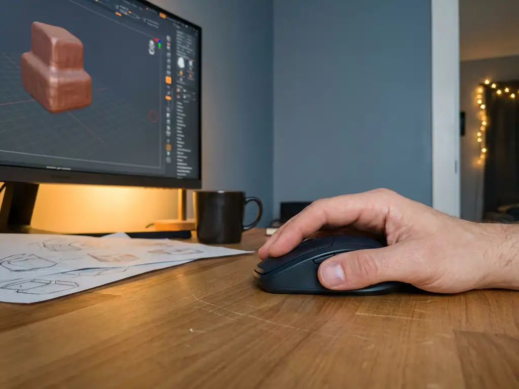Beginner's hand on a computer mouse beside a glowing monitor showing a 3D clay sculpt in progress, pencil sketches and coffee mug on a wooden desk.