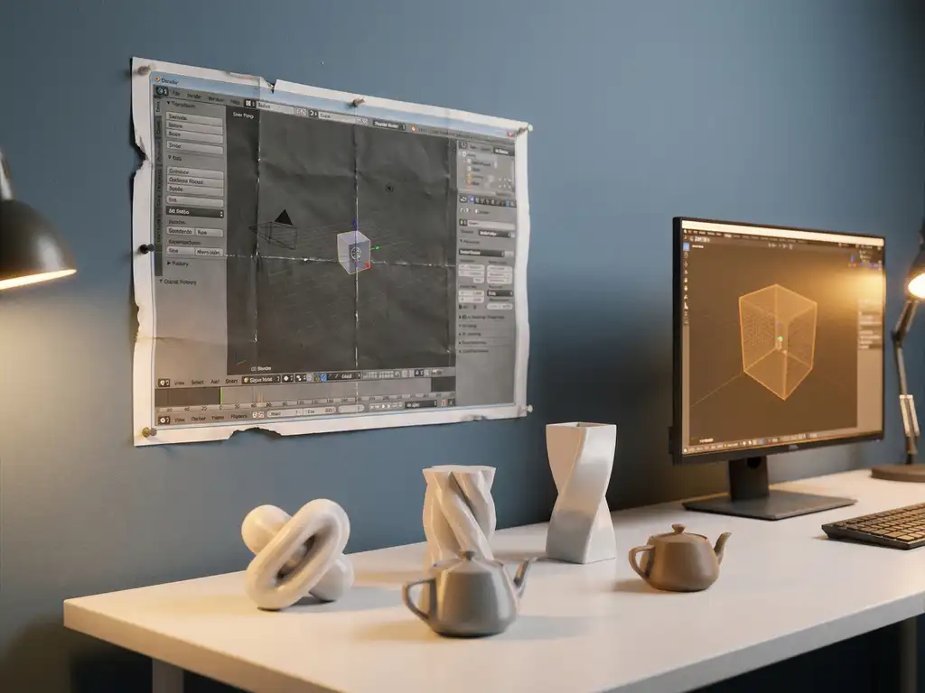 Blender interface printout pinned to a studio wall beside polished 3D rendered product models on a white desk, soft amber and slate blue lighting.