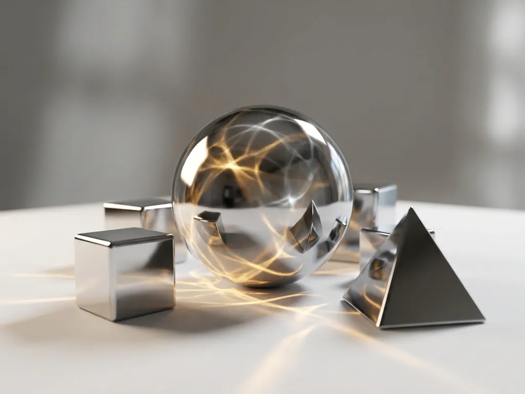 Polished chrome sphere with geometric objects on white studio surface, dramatic caustic light rays casting warm golden and cool silver reflections.