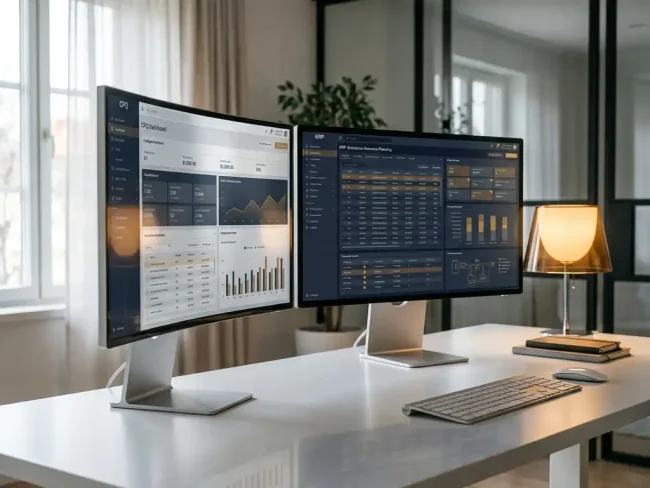 CPQ software dashboard on a monitor beside an ERP system interface, displayed on dual screens at a minimal white desk in a modern tech workspace.