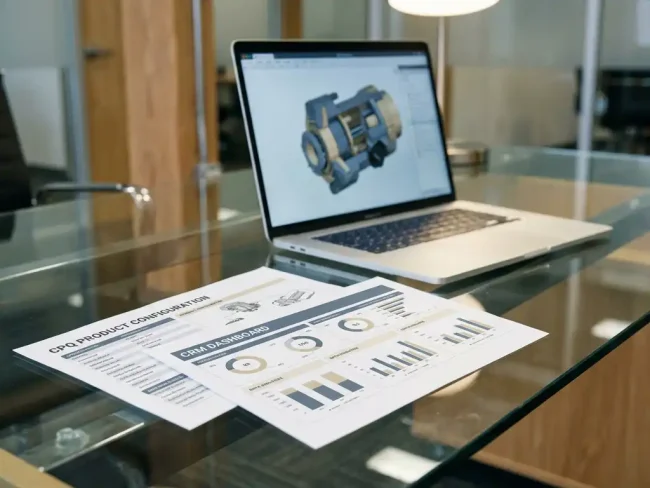 CRM dashboard printout and CPQ configuration sheet overlapping on a glass desk, laptop displaying a 3D product render in the background.