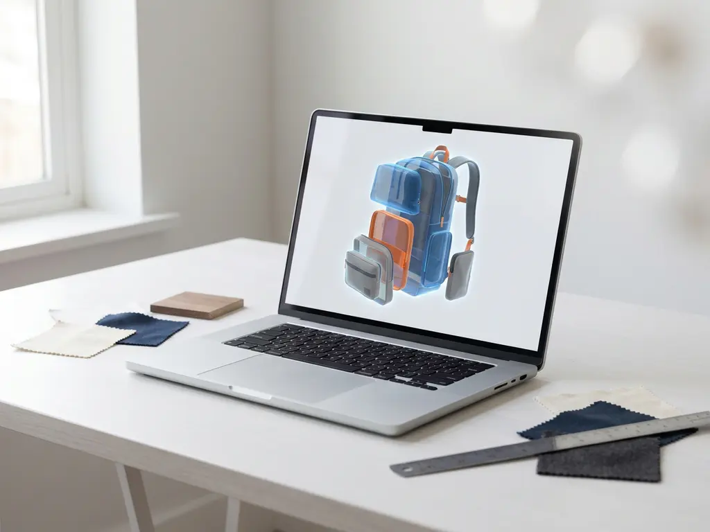 Laptop displaying a glowing 3D product model on a white desk with material swatches and precision ruler in soft natural light.