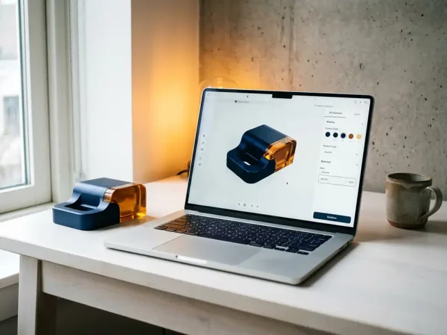 Laptop displaying a glowing 3D product configurator beside a physical product sample on a minimalist white desk.