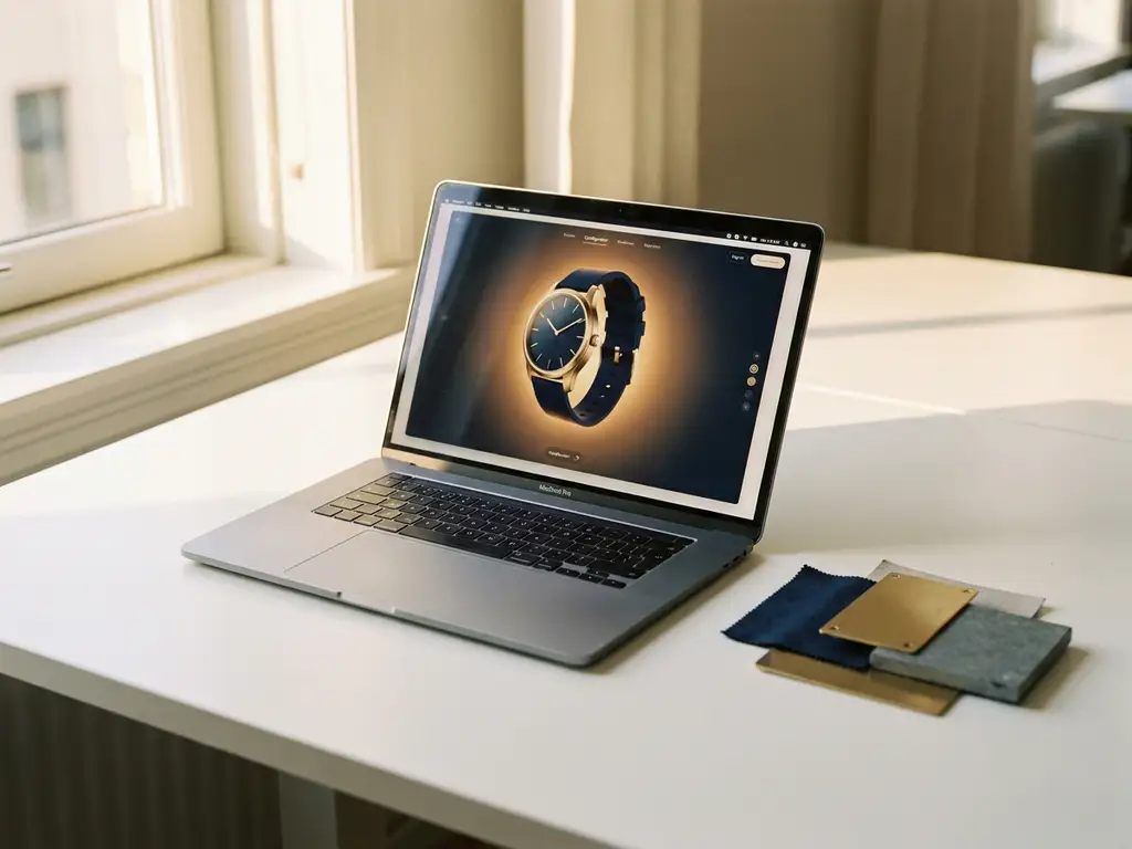Laptop on a white desk displaying a glowing 3D product configurator interface, with product samples nearby in warm amber light.