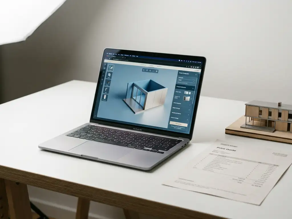 Laptop displaying a glowing 3D product configurator beside a printed price quote and small architectural model on a white desk.