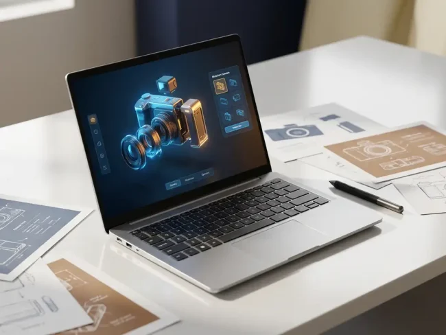 Laptop displaying a glowing 3D product configurator on a white desk beside printed quotation documents and a modern stylus.