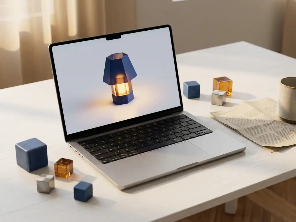 Laptop showing a glowing 3D product configurator alongside matte and glossy material samples and a printed quote on a white desk.