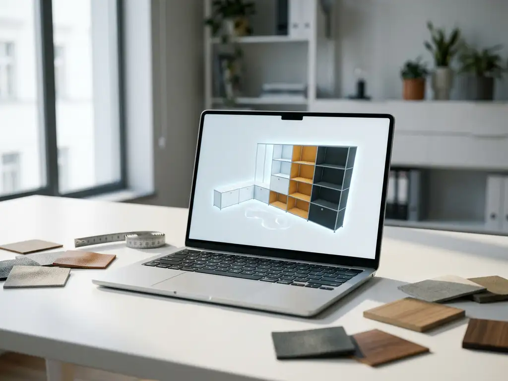 Laptop displaying a glowing 3D product configurator on a white desk with material swatches and measuring tape in natural light.
