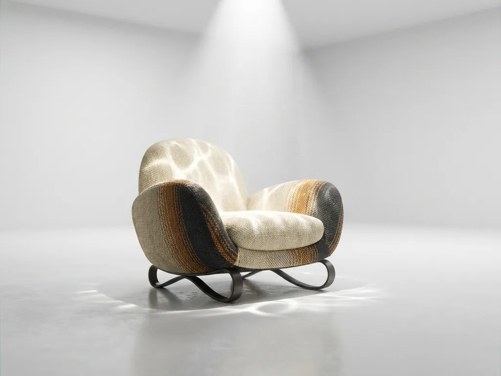 Photorealistic 3D rendered luxury armchair in ivory and charcoal fabric, dramatic spotlight highlighting material texture in minimalist white studio.