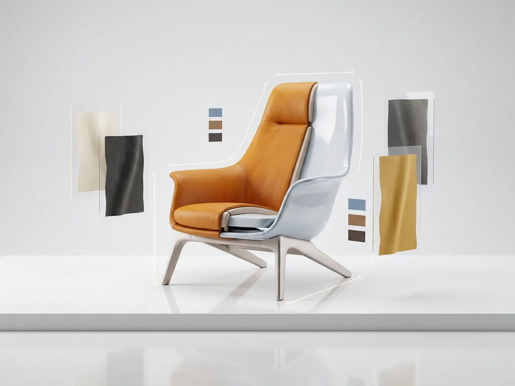 Luxury chair mid-customization with floating material swatches, color chips, and dimension guides in soft studio lighting.