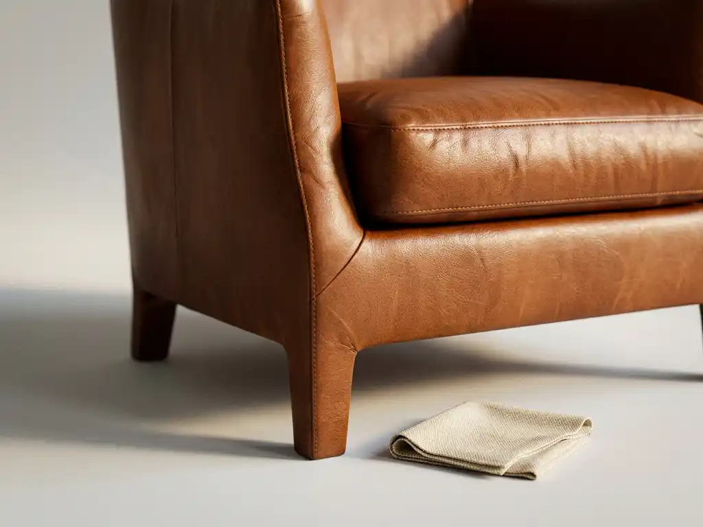 Cognac leather armchair with visible pores, fine stitching, and warm sheen beside an ivory fabric swatch on a studio surface.