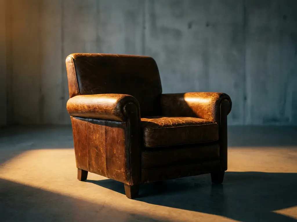 Luxury leather armchair with visible pores and subtle sheen, lit by dramatic spotlight in minimalist studio, warm amber tones against cool neutral background.